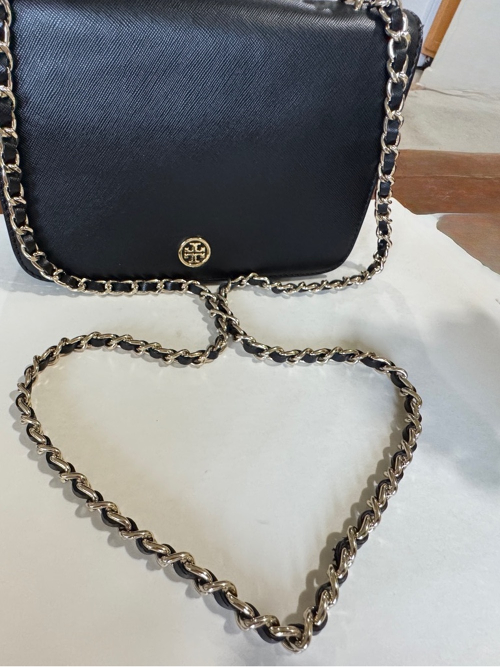 Tory Burch Black Leather Crossbody with Gold Chain Strap With leather